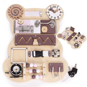 ECOTOYS Wooden Bear Busy Board for Toddlers Sensory Activity Panel 12 Elements