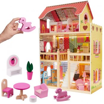 Liela Bērnu Spēļu Koka Leļļu Māja ar Mēbelēm Piederumiem un LED Gaismu, 90cm | Play Dollhouse with Furniture
