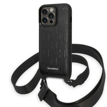 Karl Lagerfeld iPhone 14 Pro vāciņš ar siksniņu Monogram Plaque Logo Melns