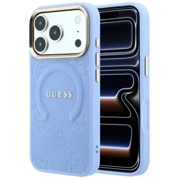 Vāciņš Guess Saffiano Peony & Ring MagSafe priekš iPhone 17 Pro / 18 Pro, gaiši zils
