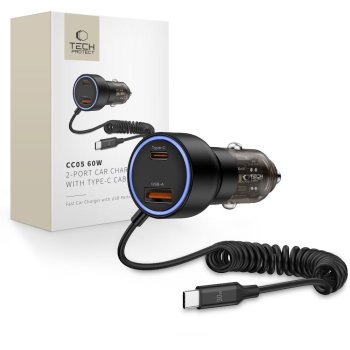 Tech-Protect CC05 automašīnas lādētājs 2-Port PD60W ar USB-C kabeli, melns
