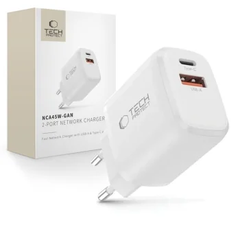 Tech-Protect NCA45W-GAN 2 pieslēgvietu USB-C / USB-A 45W tīkla lādētājs, balts