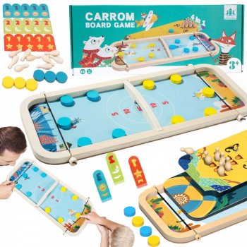 Bērnu Koka Galda Spēle 4in1, Boulings, Kērlings, Karroms | Kids Wooden Board Game Carrom