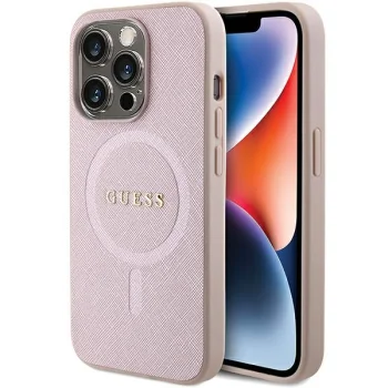 Guess iPhone 15 Pro vāciņš Saffiano MagSafe, rozā
