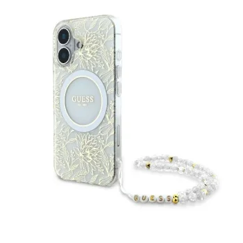 Guess IML Flowers Allover Electro With Pearl Strap MagSafe apvalks iPhone 16 - balts | case for white