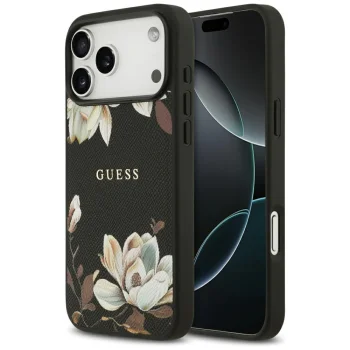 Чехол MagSafe Guess Grained Flowers Classic Logo для iPhone 17 Pro Max — черный