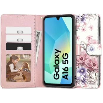 Samsung Galaxy A16 4G / 5G ( SM-A166 / SM-A165 ) Tech-Protect Wallet Book Case Cover, Pink Flowers | Telefona Vāciņš...