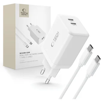 Tech-Protect NC45W-GAN tīkla lādētājs 2x USB-C 45W un USB-C kabelis, balts