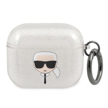 Чехол Karl Lagerfeld для AirPods 3 Glitter Karl's Head, серебристый