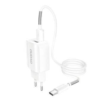 Dudao Adapter 2x USB Wall Charger 5V/2.4A QC3.0 + USB Type C Cable, White | Lādētājvads Datu Pārraides Kabelis +...