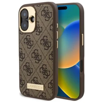 Чехол Guess для iPhone 16 4G Logo Plate MagSafe, коричневый