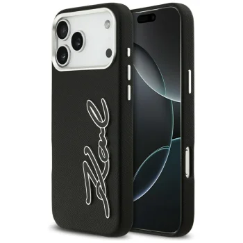 Karl Lagerfeld FW Grained Signature Logo vāciņš iPhone 17 Pro Max, Melns