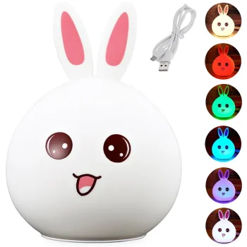 Bērnu naktslampiņa LED Zaķītis, silikona, RGB, USB, balta
