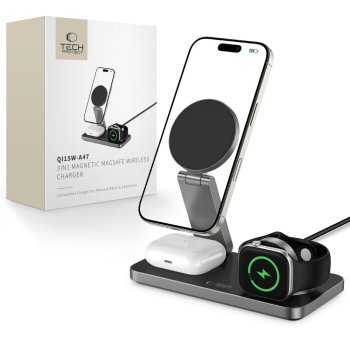 Tech-Protect QI15W-A47 MagSafe 3in1 induktīvā lādētājs + USB-C kabelis – melns