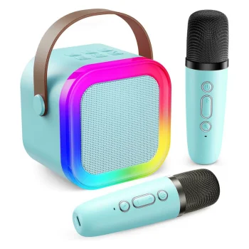 Karaoke komplekts ar Bluetooth skaļruni un 2 bezvadu mikrofoniem, zils