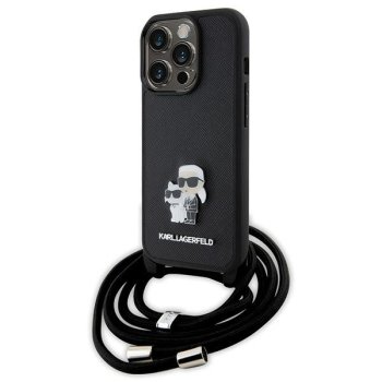 Apple iPhone 15 Pro 6.1'' Karl Lagerfeld Crossbody Saffiano Metal Pin Karl & Choupette Case Cover, Black | Telefona...