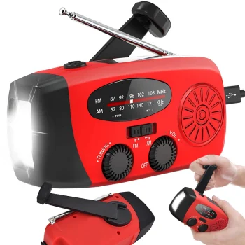 Portatīvais radio ar LED lukturīti, saules paneli, dinamisko uzlādi un USB powerbank, sarkans/melns/zaļš