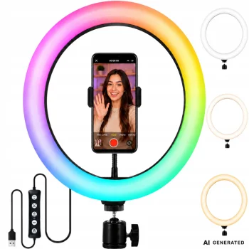 LED RGB riņķa lampa ar viedtālruņa turētāju un USB barošanu (34 cm)