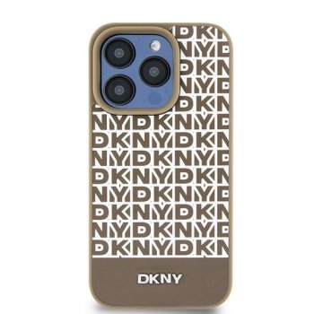 Apple iPhone 15 6.1'' DKNY Leather Printed Pattern Metal Logo MagSafe Case Cover, Brown