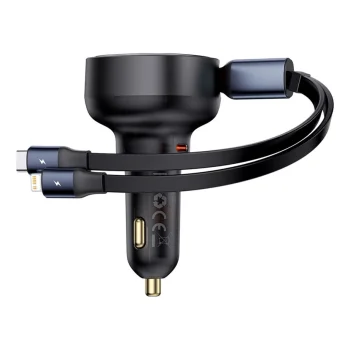 Baseus Enjoyment Pro 60W auto lādētājs ar ievelkamu USB-C/Lightning kabeli melns