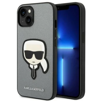Karl Lagerfeld Saffiano Karl's Head Patch vāciņš iPhone 14 Plus / 15 Plus, sudraba