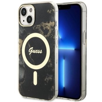 Guess iPhone 14 Plus Case Golden Marble MagSafe, Black