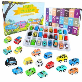 Toy Car Advent Calendar for Kids with 24 Friction Powered Pull Back Vehicles