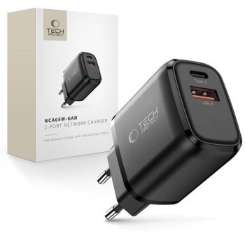 Tech-Protect NCA65W-GAN 65W 2 portu tīkla lādētājs, melns