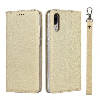 Huawei P20 2018 (EML-L29) Silk Texture Wallet Leather Stand Case Cover, Gold | Vāks Maciņš Maks Grāmatiņa Apvalks