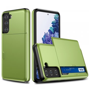 Samsung Galaxy S21+ Plus (SM-G996B) Slide Card Holder PC + TPU Hybrid Back Case Cover, Green | Telefona Maciņš Vāciņš Apvalks Bampers