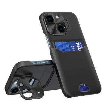 Vāciņš iPhone 14 Plus Hurtel Leather Stand Case ar karšu kabatu un statīvu, melns