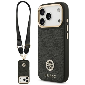 Guess 4G Strass Logo MagSafe vāciņš ar lielo siksnu un metāla pogām iPhone 17 Pro — melns | Phone Case Cover