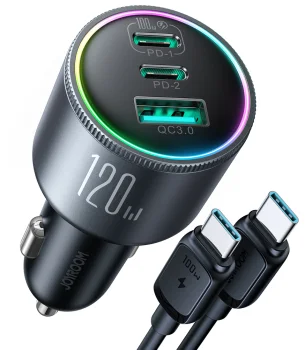 Joyroom JR-CCN07 auto lādētājs 120W 2xUSB-C USB-A + USB-C kabelis 100W - tumši pelēks | Phone Car Charger