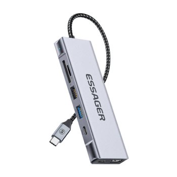 Док-станция, Essager, EHB08-QK0G-Z, HDMI, 2xUSB-A, SD-карта, TF-карта (серый)