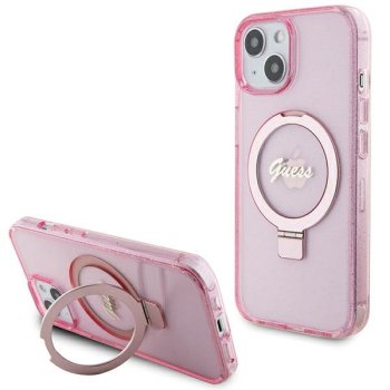 Guess Ring Stand Script Glitter MagSafe apvalks iPhone 15 - rozā krāsā | case for pink