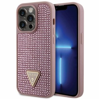 Guess iPhone 14 Pro vāciņš Rhinestone Triangle, rozā
