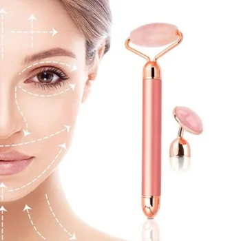 Kvarca vibro masažieris masieris sejai un kaklam ar diviem uzgaļiem | Rose Quartz Face and Neck Vibrating Massager...