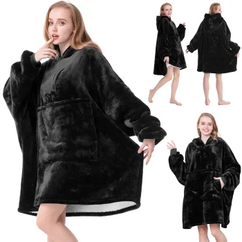 Silts hūdijs, džemperis-sega ar kapuci un kabatu, Melns | Oversized Warm Hoodie Sweatshirt Blanket for Men and Women