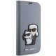 Karl Lagerfeld iPhone 14 Pro atverams vāciņš maciņš grāmatiņa Saffiano Karl & Choupette, sudraba