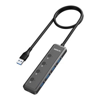 HUB 5in1 MOKiN USB-A3.0 - 4xUSB-A + 1xUSB-C DC (черный)