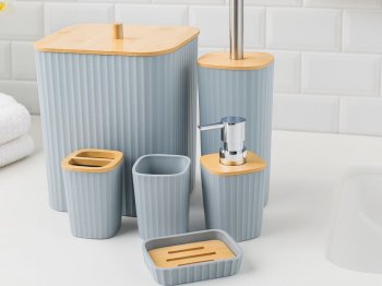 Vannas istabas piederumu komplekts, 6 daļas, pelēks/bambuss