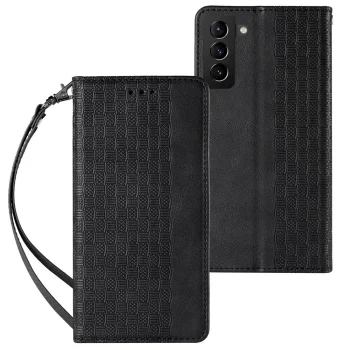 Atverams vāciņš Magnet Strap priekš Samsung Galaxy S22+ ar statīvu un siksniņu, melns