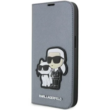Karl Lagerfeld iPhone 14 Pro atverams vāciņš maciņš grāmatiņa Saffiano Karl & Choupette, sudraba