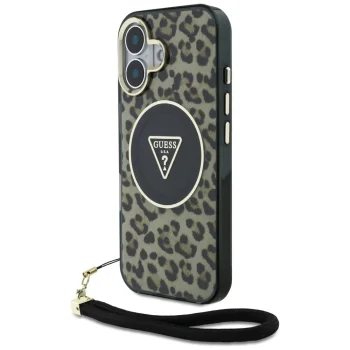 Чехол Guess HC IML Leopard Triangle Cord Strap MagSafe для iPhone 16, Коричневый