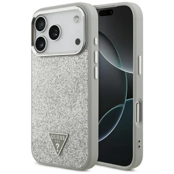 Guess Glitter Triangle Logo MagSafe vāciņš iPhone 17 Pro, sudraba