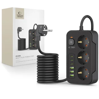 Удлинитель Tech-Protect PC3X6, 3 розетки + 3xUSB-A + 3xUSB-C, 200 см, черный