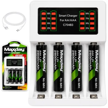 Maxday AA/AAA akumulatoru lādētājs ar LED indikatoru + 4x AAA akumulatori, USB-C, Balts