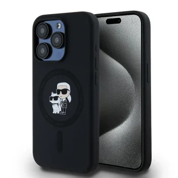 Karl Lagerfeld iPhone 15 Pro vāciņš Silicone Karl & Choupette MagSafe, melns