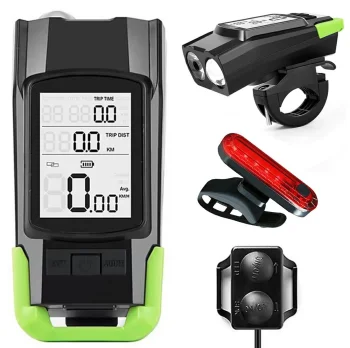 Bicycle Light Set with Wireless Speedometer and Horn RW29 Black/Green