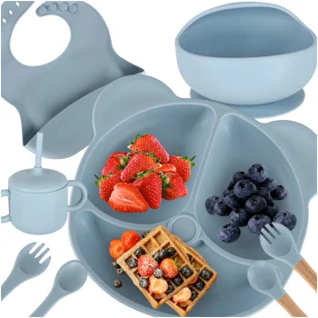 Silicone Bear Baby Feeding Set, 8 Pieces, Blue